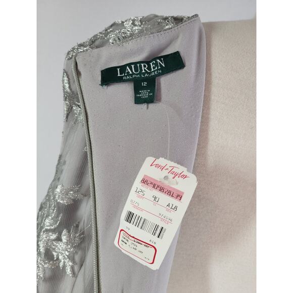 Lauren Ralph Lauren Evening Gown 12 Silver Gray Embroidered Mesh V-Neck Y2K NWT - Picture 2 of 16